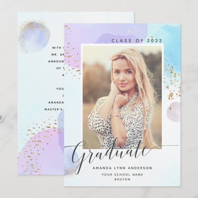 Pastel Watercolor Photo Graduation Announcement (Front/Back)