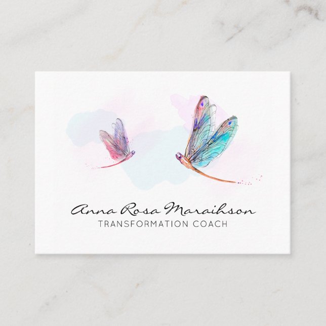 *~* Pastel Watercolor Pink Blue Dragonfly Business Business Card (Front)