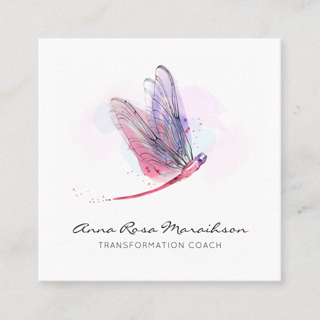 *~* Pastel Watercolor Pink Dragonfly Business Square Business Card (Front)