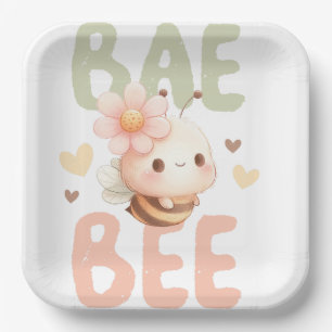 PASTEL WATERCOLOR PINK & GREEN BABY BEE PAPER PLATE