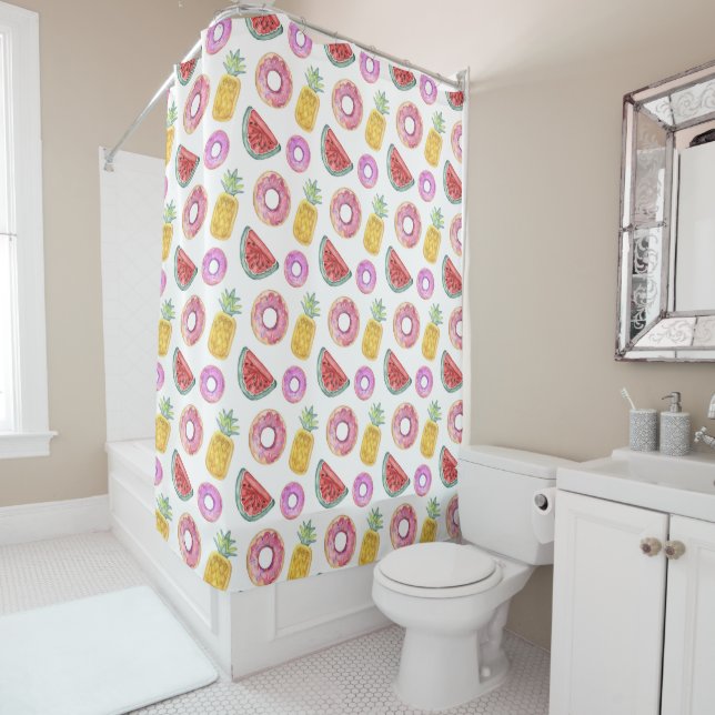 Pastel Watercolor Pool Float Pattern Shower Curtain (In Situ)