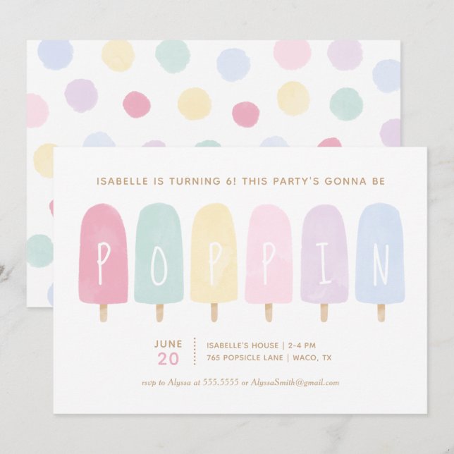 Pastel Watercolor Popsicle Girl Birthday Party Invitation (Front/Back)