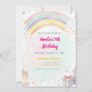 Pastel Watercolor Rainbow Birthday Invitation