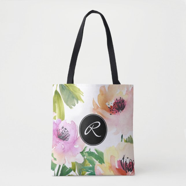 Pastel Watercolor Rose Floral with Monogram Tote Bag (Front)