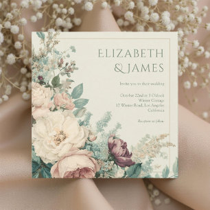 Pastel Watercolor Rose Peonies Floral Wedding Invitation