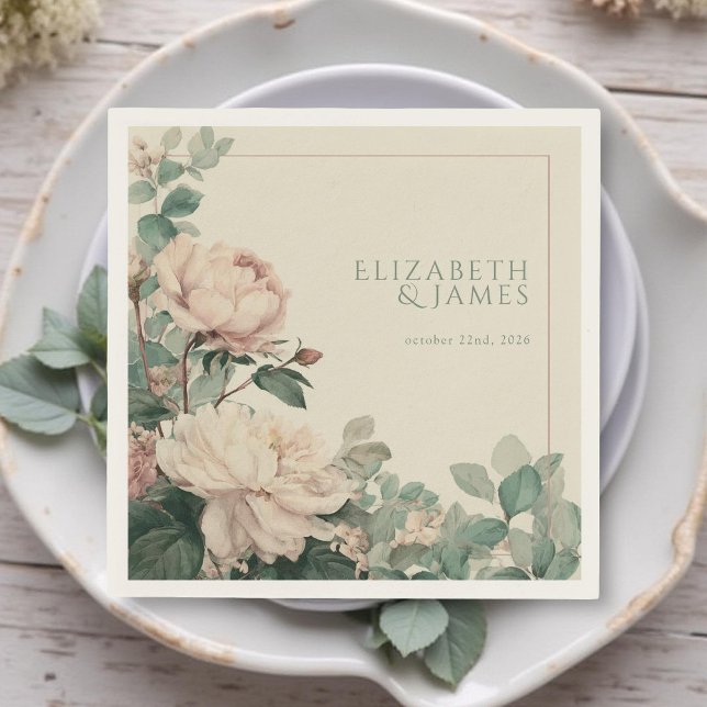 Pastel Watercolor Rose Peonies Floral Wedding Napkin (Creator Uploaded)