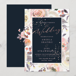 Pastel Watercolor Roses, Peach Cream Navy Blue Invitation
