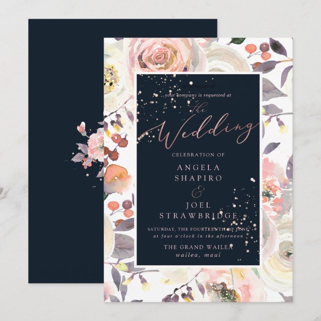 Pastel Watercolor Roses, Peach Cream Navy Blue Invitation (Front/Back)