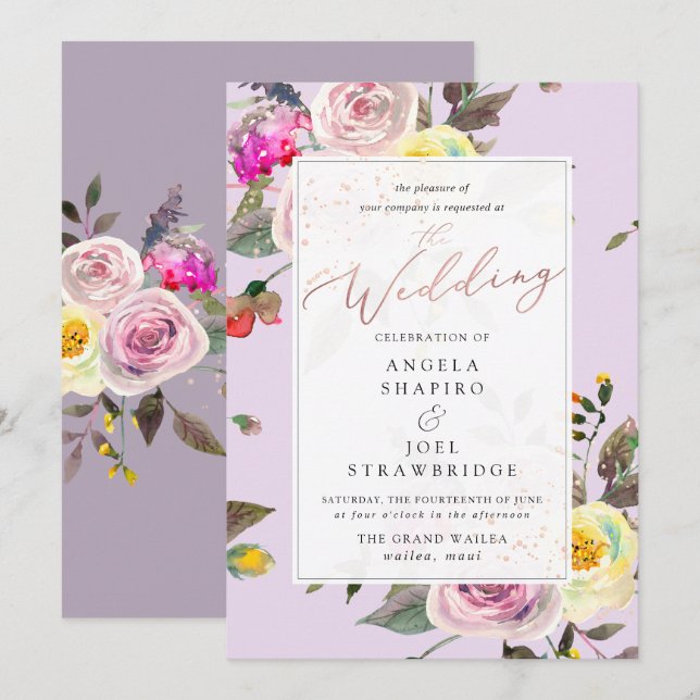Pastel Watercolor Roses+Pink Champagne Bubbles Invitation (Front/Back)