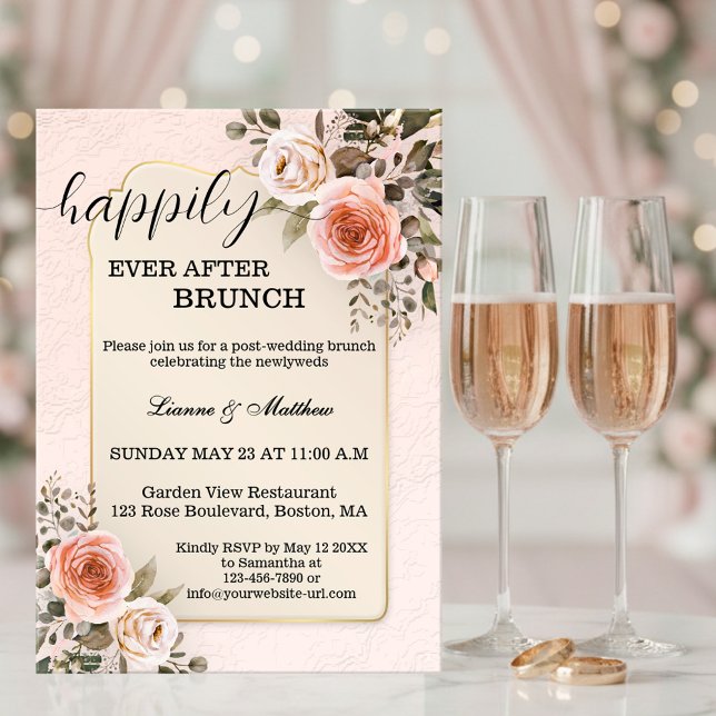 Pastel Watercolor Roses Wedding Brunch Invitation (Brunch after wedding invitation featuring romantic watercolor roses on chic pink)