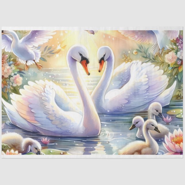 Pastel Watercolor Scenic Swans  Decoupage Tissue Paper (Front)