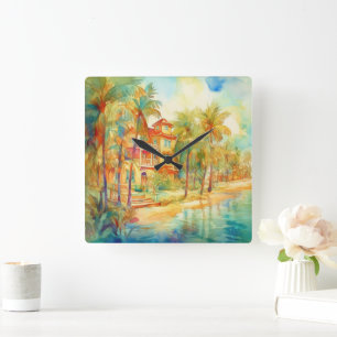PASTEL WATERCOLOR SEASIDE HOUSE ON THE BEACH SQUARE WALL CLOCK