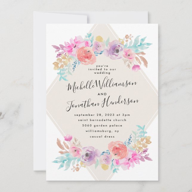 Pastel Watercolor Shabby Chic Flowers Wedding Invitation (Front)