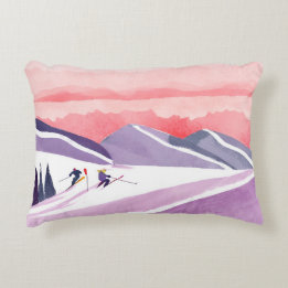 Pastel Watercolor Ski Mountain Sunset Decorative Cushion