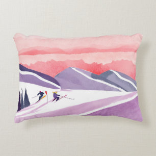 Pastel Watercolor Ski Mountain Sunset Decorative Cushion