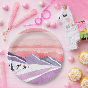 Pastel Watercolor Ski Mountain Sunset Paper Plate