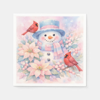 Pastel Watercolor Snowman, Poinsettia and Cardinal Napkin
