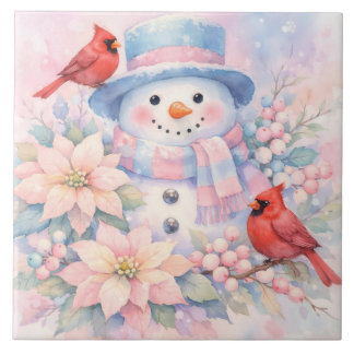 Pastel Watercolor Snowman, Poinsettia and Cardinal Tile