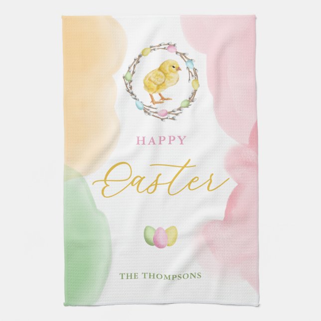 Pastel Watercolor Splashes And Chick Happy Easter Tea Towel (Vertical)