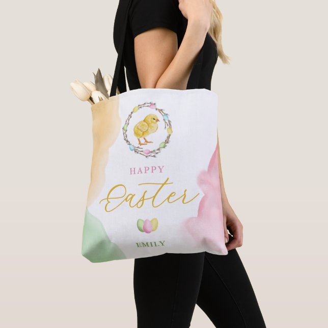 Pastel Watercolor Spots And Chick Happy Easter Tote Bag (Close Up)