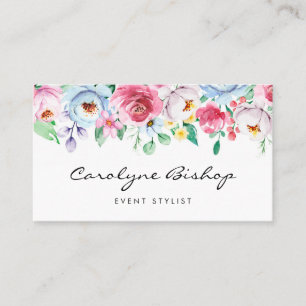 Pastel Watercolor Spring Flowers Floral Garland Business Card