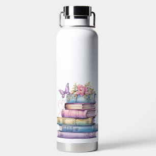 PASTEL WATERCOLOR STACK OF BOOKS WITH BUTTERFLY WATER BOTTLE