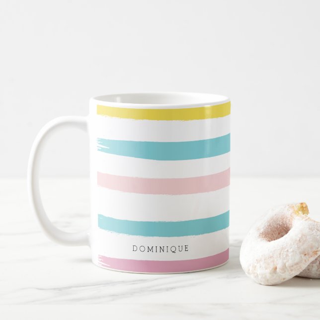 Pastel Watercolor Stripes Modern Personalised Mug (With Donut)