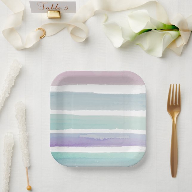 Pastel Watercolor Stripes Paper Plate (Wedding)