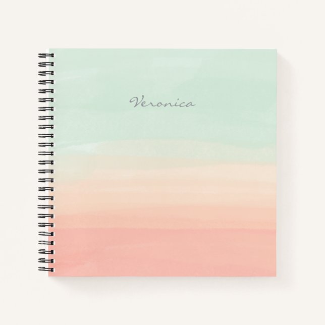 Pastel Watercolor Stripes Sea Glass and Peach Name Notebook (Front)