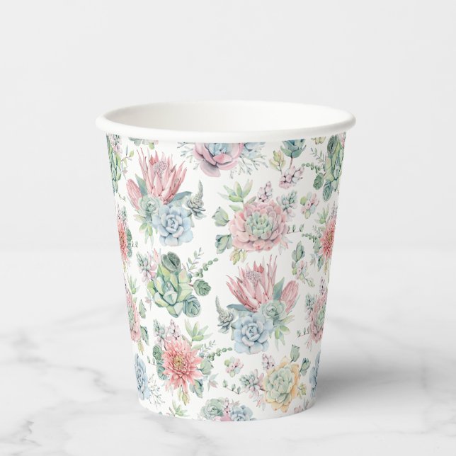 Pastel Watercolor Succulent and Cactus Pattern Paper Cups (Front)