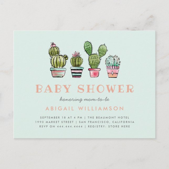 Pastel Watercolor Succulent Cactus Baby Shower Invitation Postcard (Front)