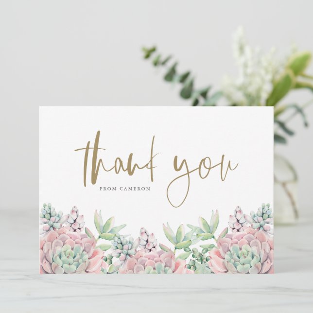 Pastel Watercolor Succulents Baby Shower Thank You Card (Standing Front)