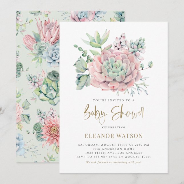 Pastel Watercolor Succulents Girl Baby Shower Invitation (Front/Back)