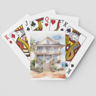 PASTEL WATERCOLOR SUMMER BEACH HOUSE PLAYING CARDS