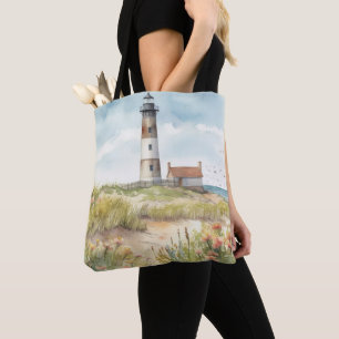 PASTEL WATERCOLOR SUMMER LIGHTHOUSE ON THE BEACH TOTE BAG