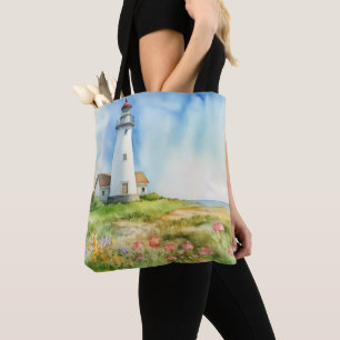 PASTEL WATERCOLOR SUMMER LIGHTHOUSE ON THE BEACH TOTE BAG