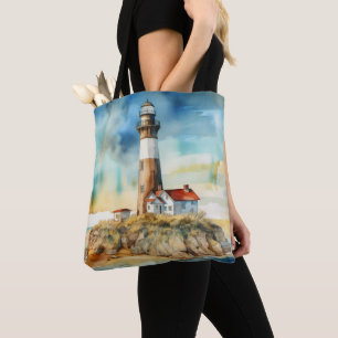 PASTEL WATERCOLOR SUMMER LIGHTHOUSE ON THE BEACH TOTE BAG