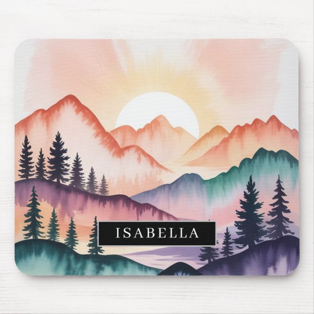 Pastel Watercolor Sunset Mountains Mouse Pad (Front)