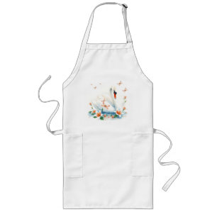 Pastel Watercolor Swan with Lilies and Dragonflies Long Apron