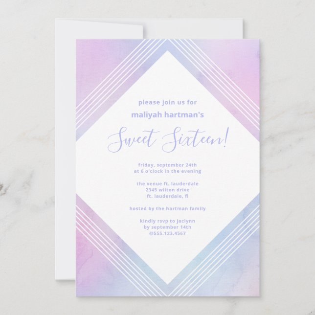 Pastel Watercolor Sweet Sixteen Birthday Purple Invitation (Front)
