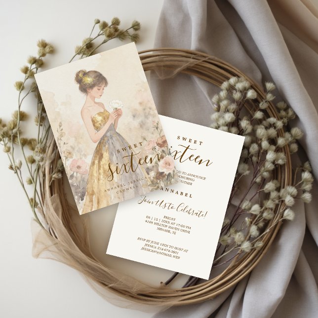 Pastel Watercolor Sweet Sixteen Girl & Flowers Invitation (Soft Pastel Watercolor Effect Young Woman in Golden and Gray Strapless Gown Invitation.)