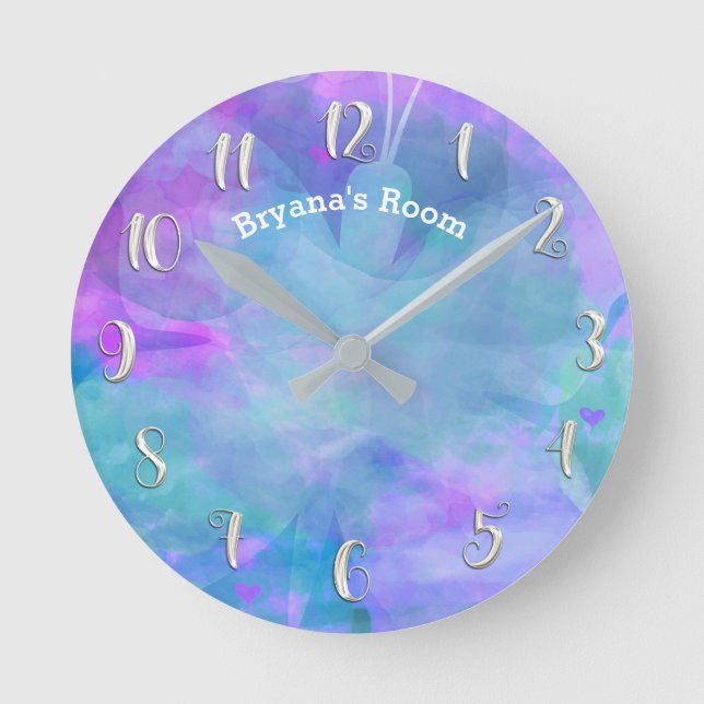 Pastel Watercolor Teal Butterfly Personalized Name Round Clock (Front)