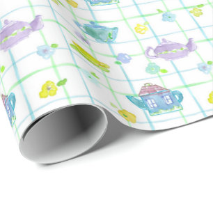 Pastel Watercolor Teapots Flowers Wrapping Paper