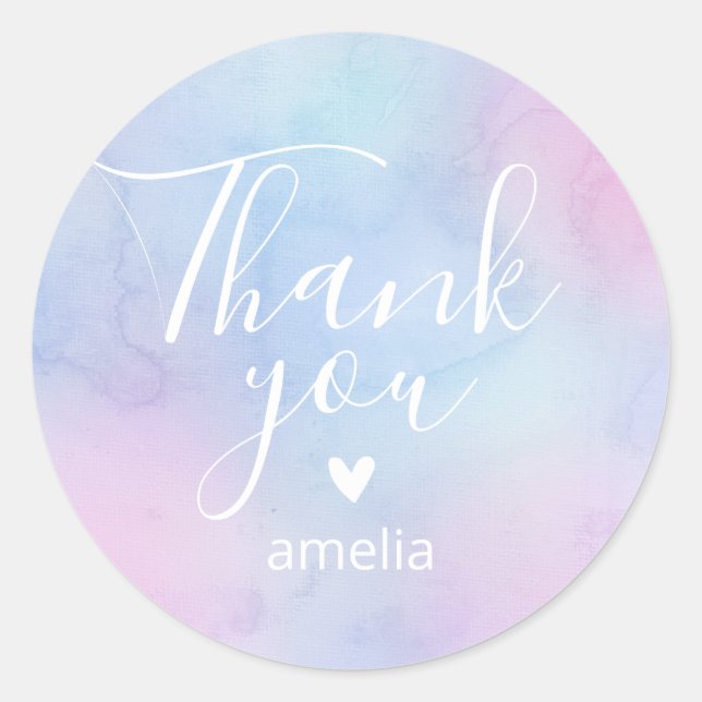 Pastel Watercolor Thank You Name Purple Classic Round Sticker (Front)