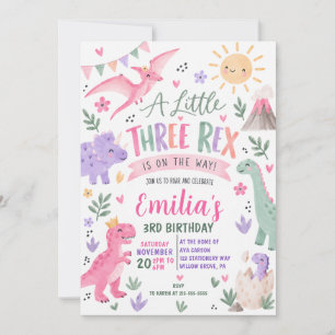 Pastel Watercolor Three Rex Dinosaur Birthday Invitation