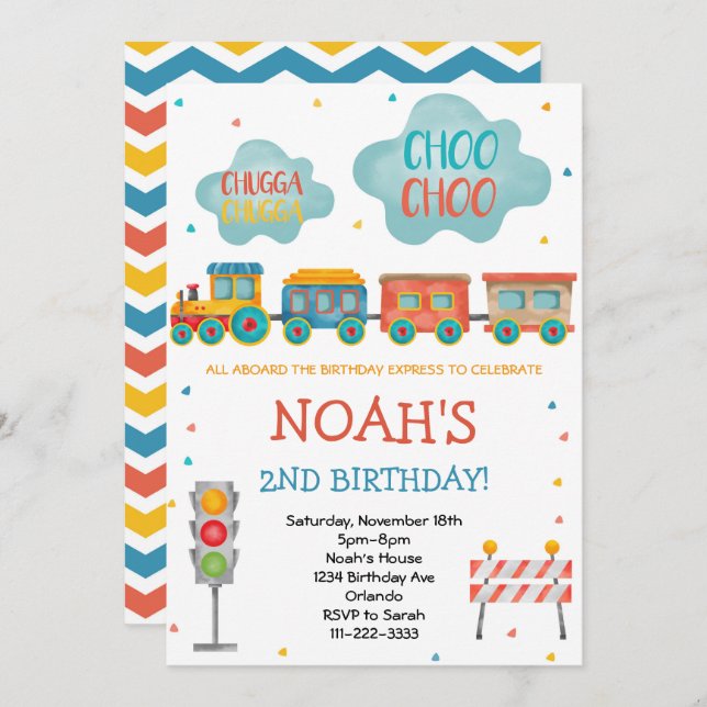 Pastel Watercolor Train Birthday Invitation (Front/Back)