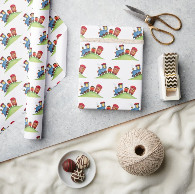 Pastel Watercolor Train Red Blue Birthday Party Wrapping Paper (Crafts)