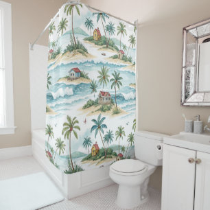 PASTEL WATERCOLOR TROPICAL HUTS ON THE BEACH SHOWER CURTAIN