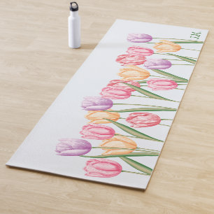 Pastel Watercolor Tulip Flowers And Your Initials Yoga Mat