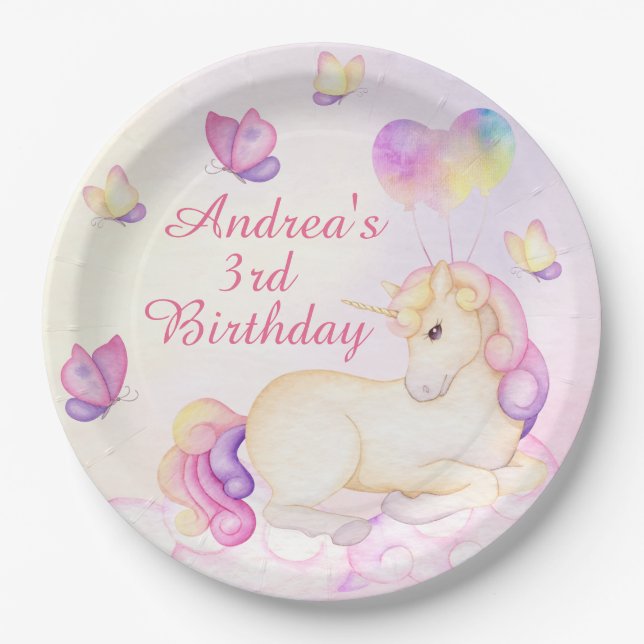Pastel Watercolor Unicorn And Balloons Paper Plate